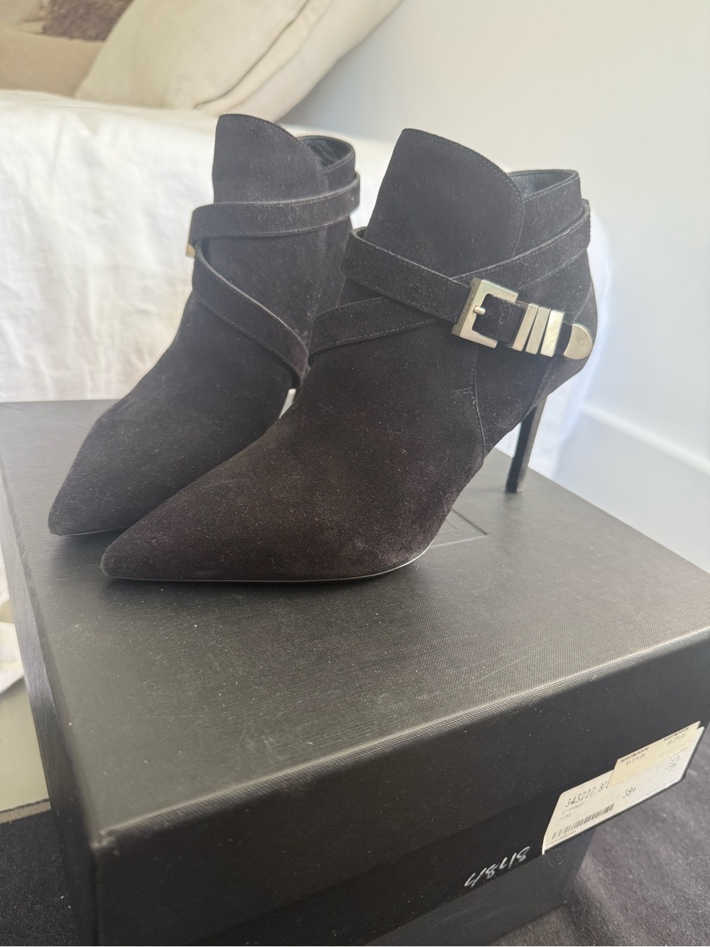 Saint Laurent Black Suede Pointed Ankle Booties with Buckle